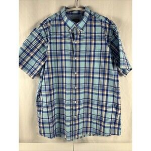 Izod Men's Relaxed Shirt Blue, Yellow Plaid, Button-Down, Short Sleeve, Size XL